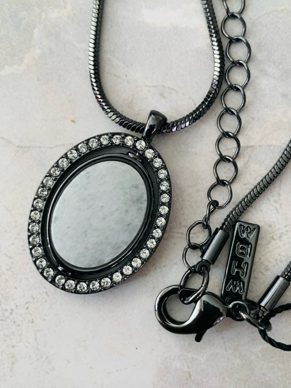 WHBM Gunmetal Oval Crystal Halo and Hematite Reversible Pendant Necklace